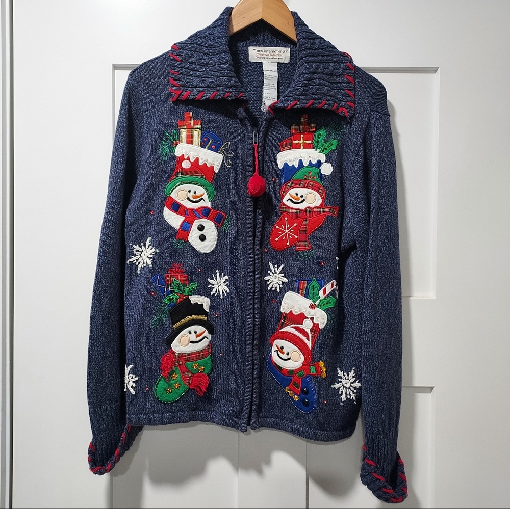 Christmas Zip Jacket Sweater Womens L Snowman Stockings Blue Ugly Sweater Tiara